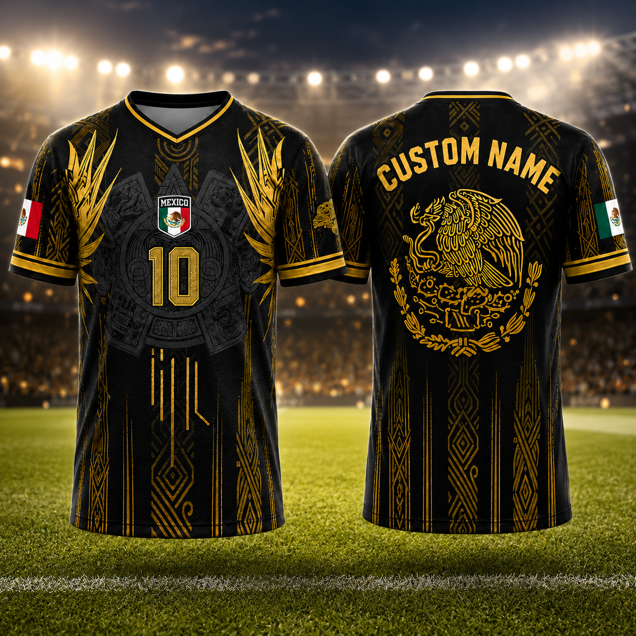 Custom Mexico Black Gold Aztec Soccer Jersey