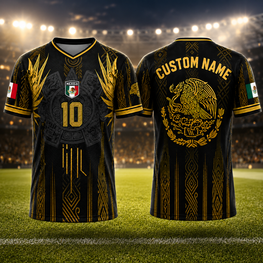 Custom Mexico Black Gold Aztec Soccer Jersey