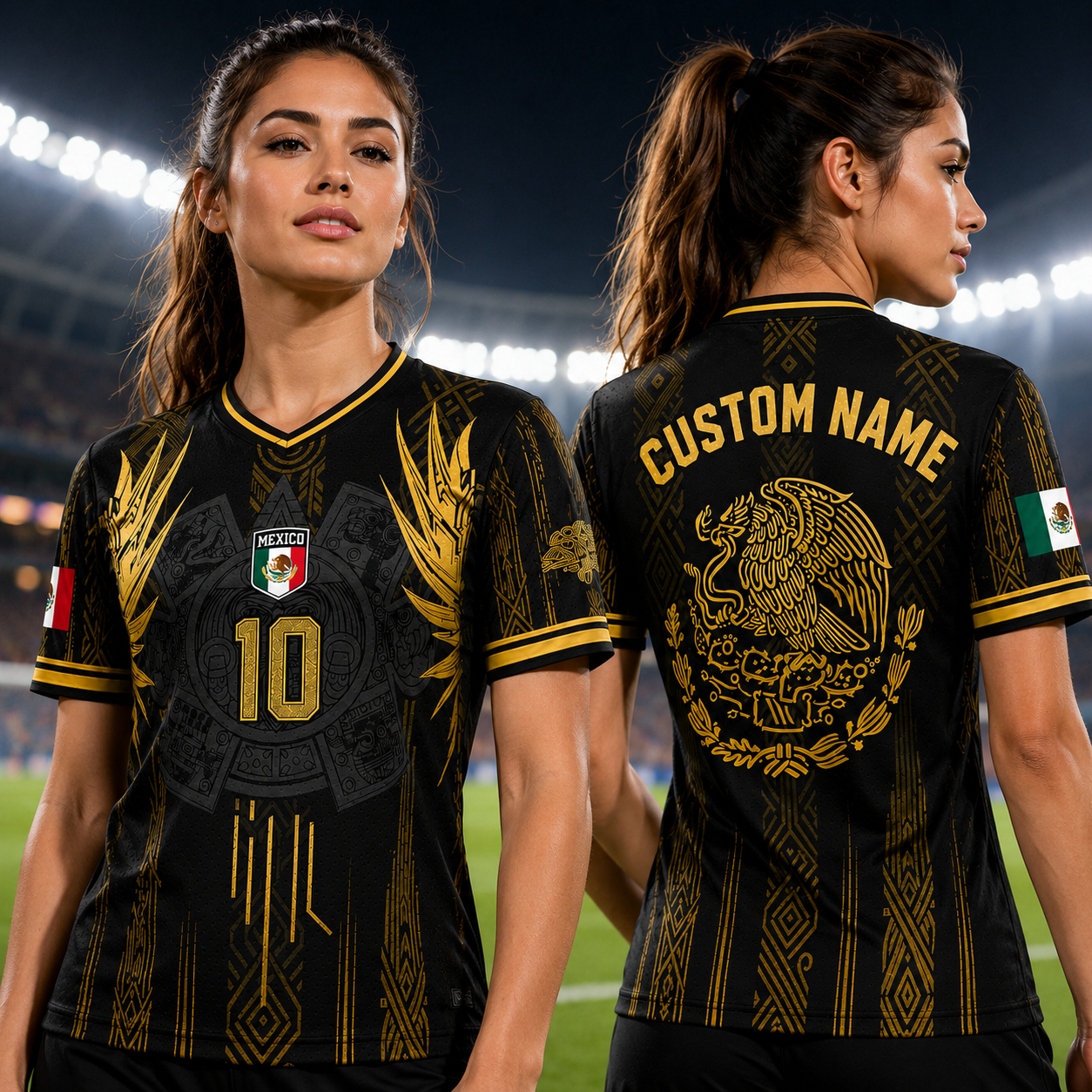 Custom Mexico Black Gold Aztec Soccer Jersey