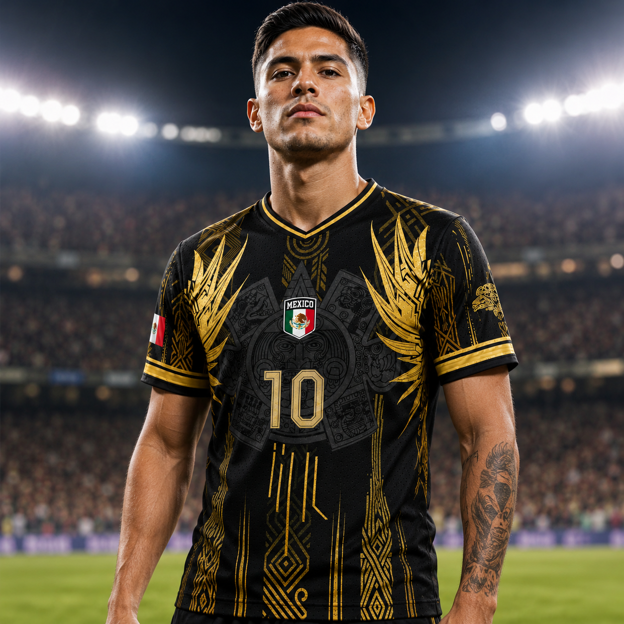 Custom Mexico Black Gold Aztec Soccer Jersey