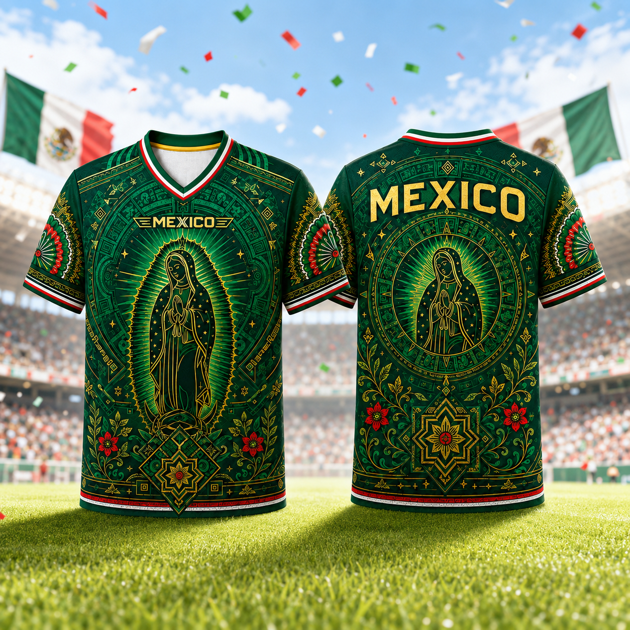 Mexico Sports Jersey - Guadalupe Style Sacred Figure Graphic