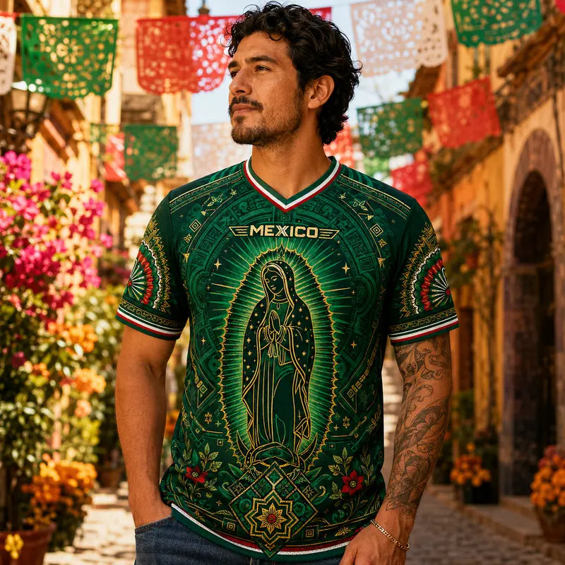 Mexico Sports Jersey - Guadalupe Style Sacred Figure Graphic