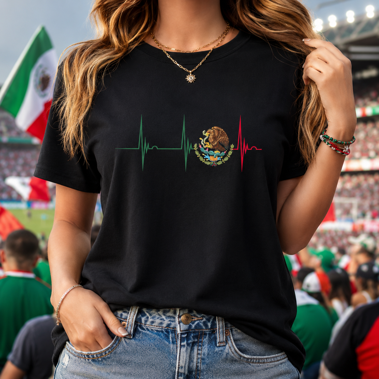 Mexico Heartbeat EKG Pulse Mexican Pride Emblem Mexico Flag T-Shirt