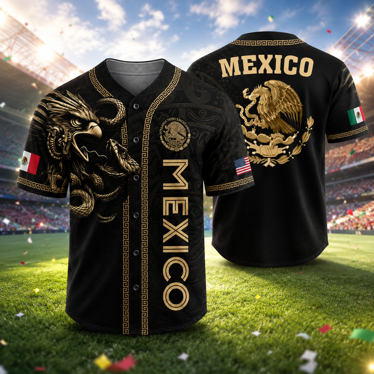 Vintage Mexico Baseball Jersey Flag Button-Up Shirt
