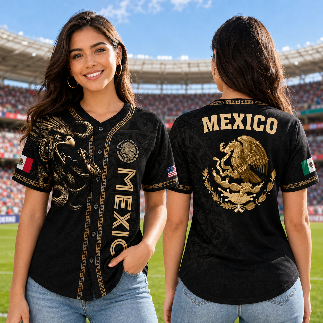 Vintage Mexico Baseball Jersey Flag Button-Up Shirt