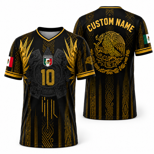 Custom Mexico Black Gold Aztec Soccer Jersey