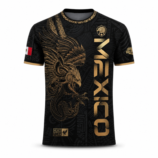 Camiseta de fútbol del guerrero azteca del águila dorada de México | Camiseta de fútbol de herencia con estampado integral