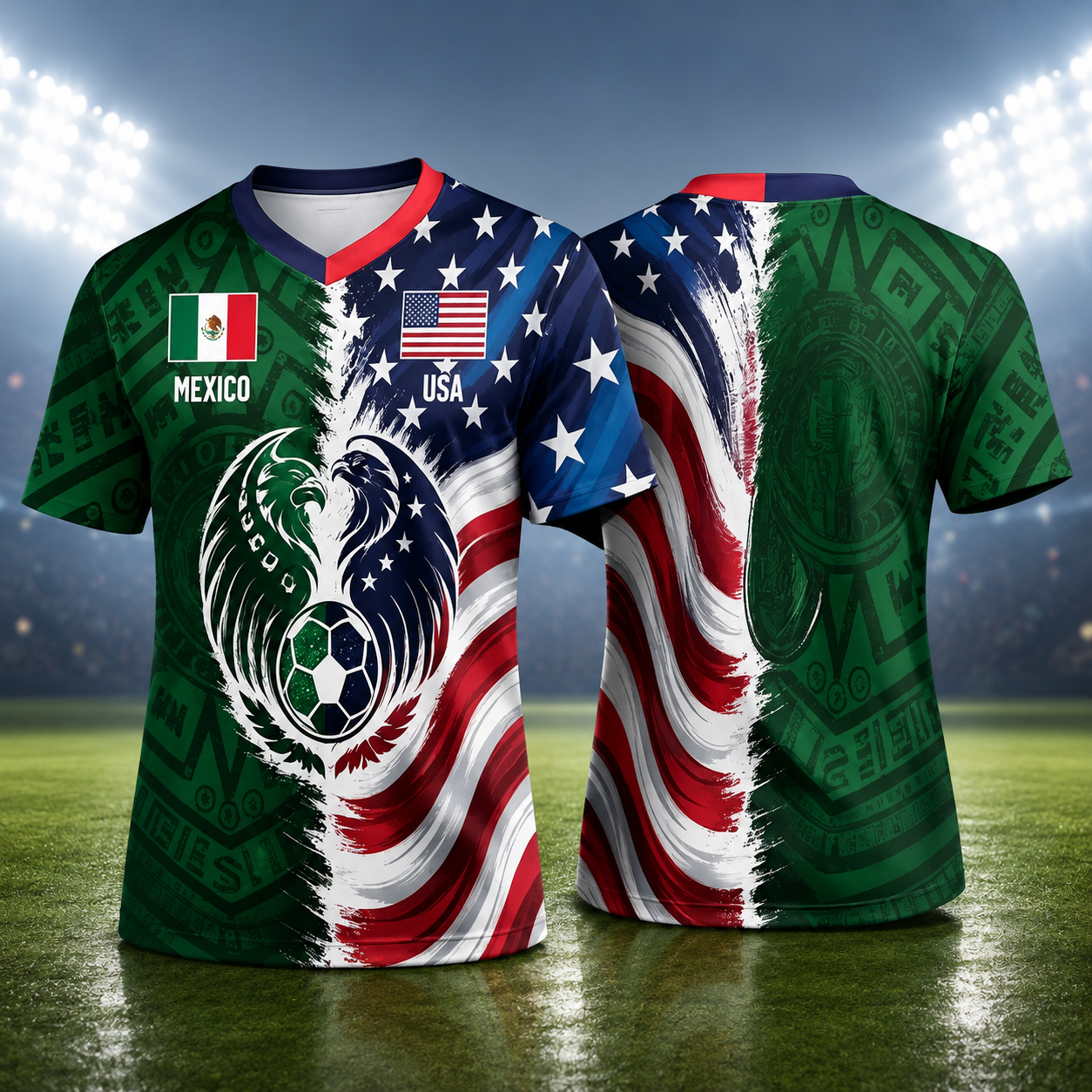 USA & Mexico Split Flag Soccer Jersey with Binational Eagle Design!
